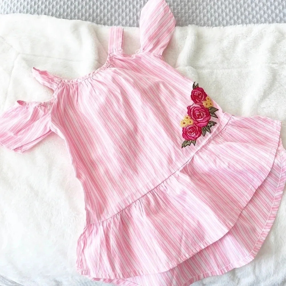 One step up boutique pink stripped open shoulder floral embroidered tunic top